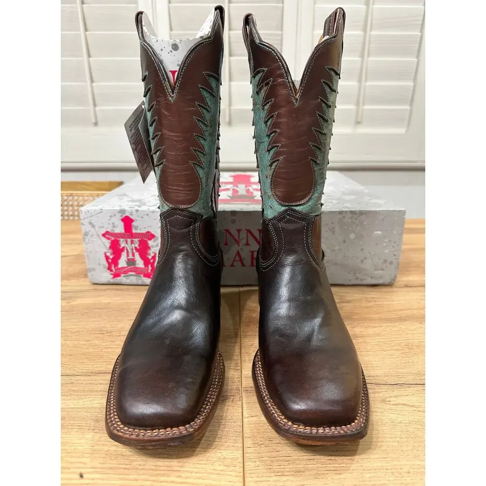 Tanner Mark Men's Cowboy Boots Brown Bronze Teal Leather Size 9 NIB Western